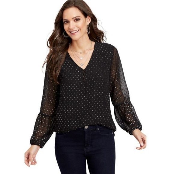 Maurice Sheer Blouse Silver‎ Dot Long Sleeve V Neck Top Elegant Size M - Picture 1 of 12